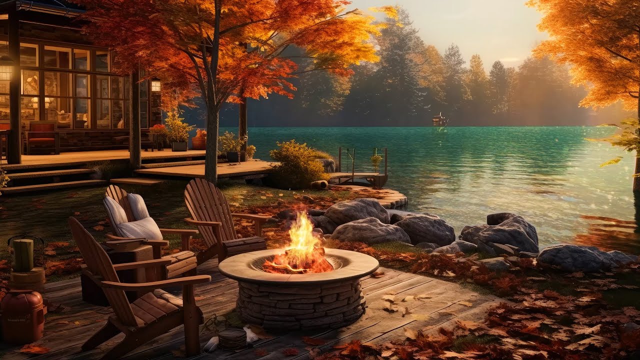 Cozy Autumn Ambient with Relaxing Lakeshore Water Sounds and Fire Pit ...