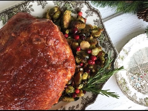 HOLIDAY HAM WITH RED PEPPER JELLY GLAZE & BACON AND BALSAMIC BRUSSEL SPROUTS