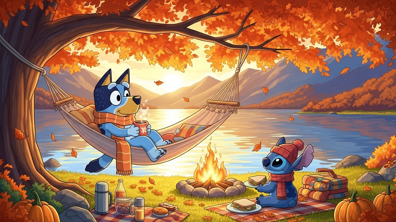 Stitch & Bluey Autumn Lakeside Chill 🍁 Warm Sunset Lofi ☕ Cozy Beats ...