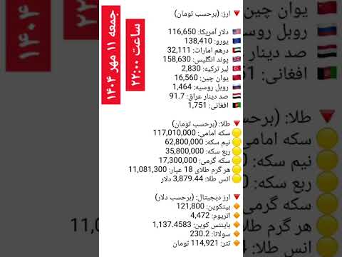 جمعه ۱۱ مهر ۱۴۰۴ قیمت دلار یورو ارز طلا بیتکوین ارزدیجیتال تتر 