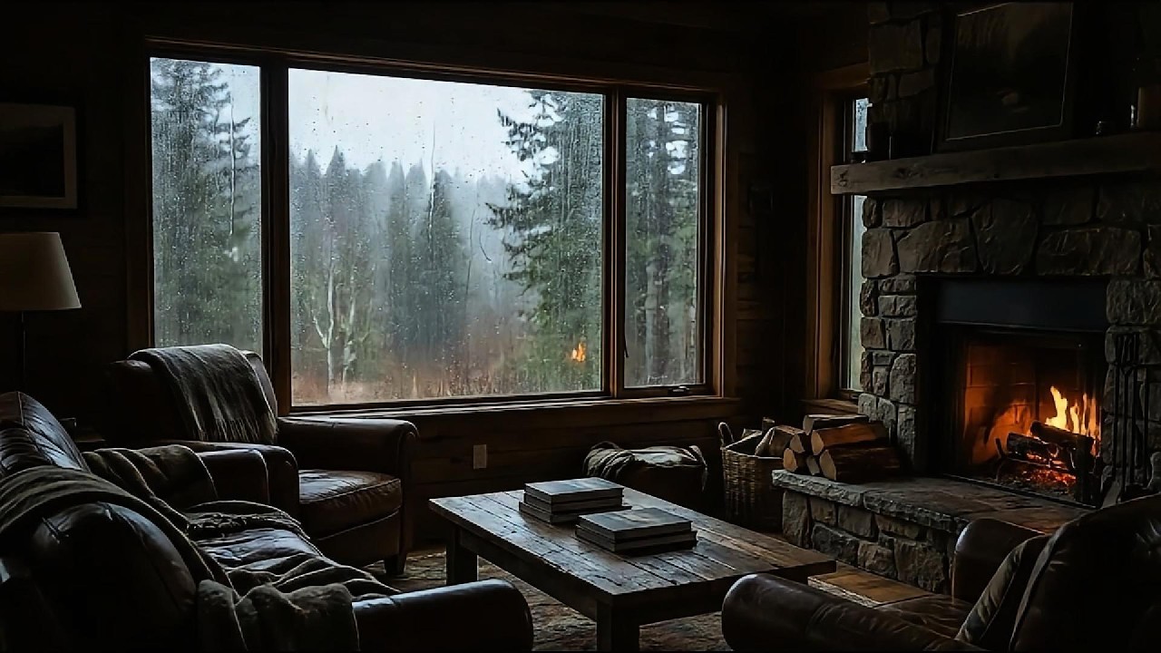 Cozy Log Cabin Rain & Fireplace for Deep Sleep (8 Hours) | Heavy Rain on Window