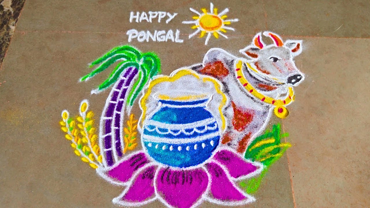 Happy Pongal Kolam with pot, karumbu and cow|  Sankranthi Rangoli muggulu