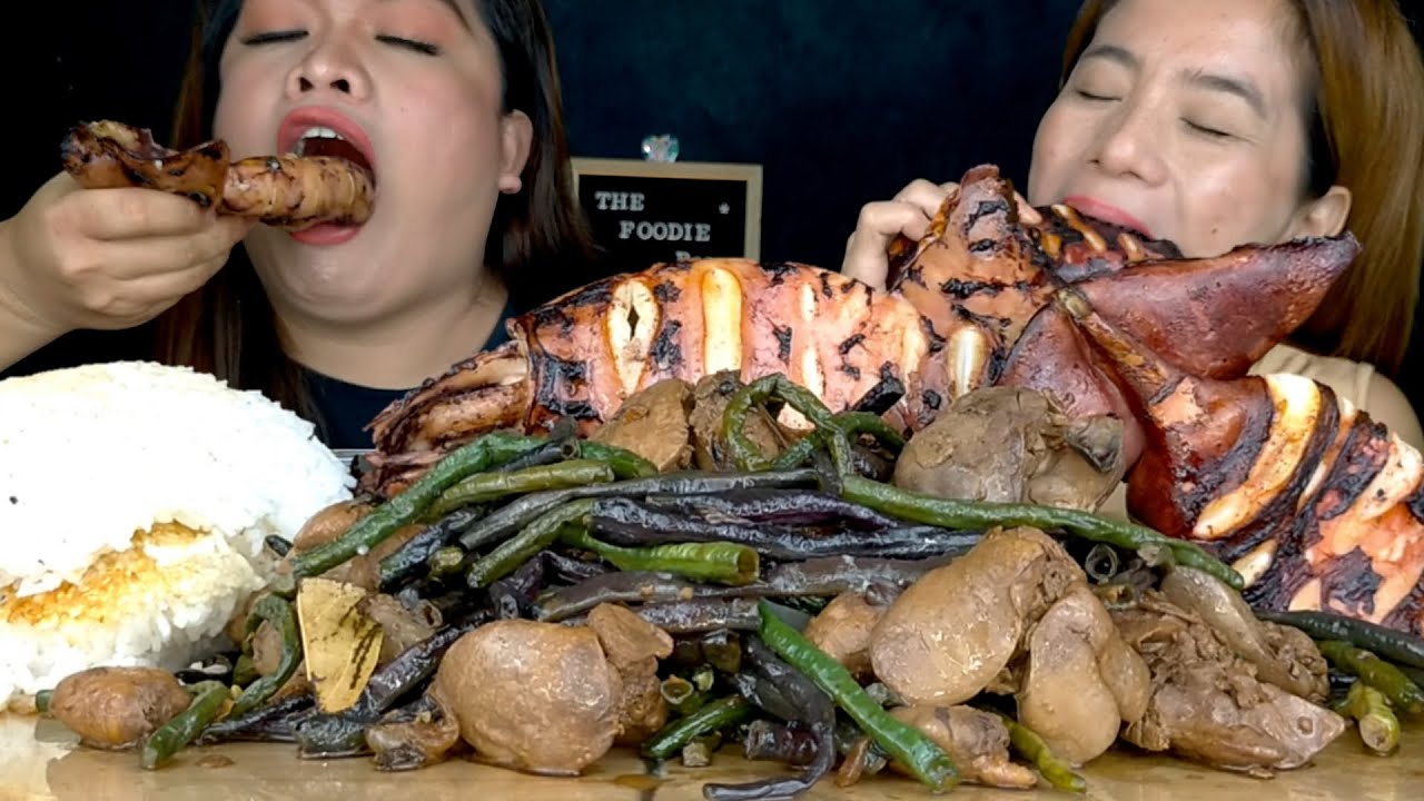 ADOBONG SITAW ATAY NG MANOK AT INIHAW NA PUSIT | MUKBANG PHILIPPINES ...