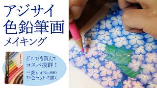 【色鉛筆】アジサイ　イラストメイキング（紫陽花 hydrangea）三菱uni 880