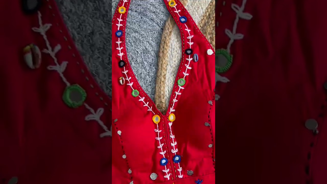 Red Multi Thread with Mirror Work Blouse – Sleeveless V-Neck Cotton Blend