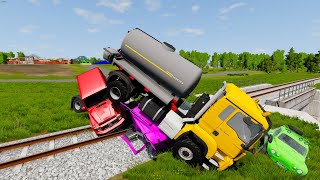 Flatbed Trailer Truck Rescue - Cars vs Rails - Speed Bumps - BeamNG.Drive