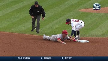 LAA@CLE: Gomes cuts down Trout trying to steal