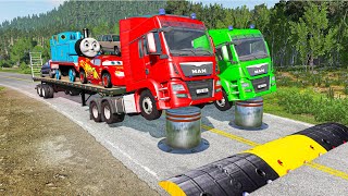 Double Flatbed Trailer Truck vs Speedbumps Train vs Cars Beamng.Drive #1