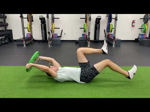 Deadbug, plate pullover with alternating leg extensions; Plate Pull-Over Deadbug