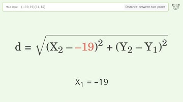 Find the distance between two points p1 (-19,12) and p2 (14,15): Step-by-Step Video Solution