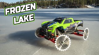 Traxxas Xmaxx 8S Saw Blade Wheels on Frozen Lake