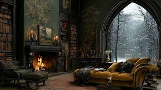Dark Academia Winter Ambience ❄️ Opulent Victorian Library, Fireplace & Snowy Window