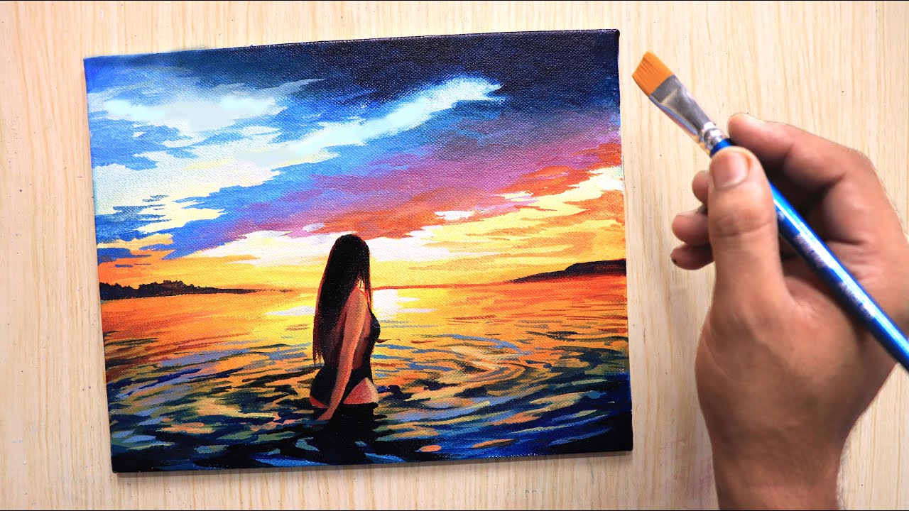 Acrylic painting of Beautiful sunset beach with girl step by step