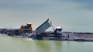 Amazing Project! SHANTUI and Wheel Loader SDLG Push Rock And Sand In lake With Truck Delivery