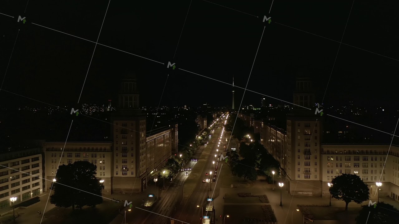 Aerial View of Empty Karl-Marx-Allee Street at Night in Berlin, Germany during COVID 19 Coronavirus