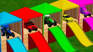 TRANSPORTING FIVE COLOR NEW HOLLAND TRACTOR, RIGITRAC, POLICE DODGE, HUMMER, MERCEDES!  FARMING  22