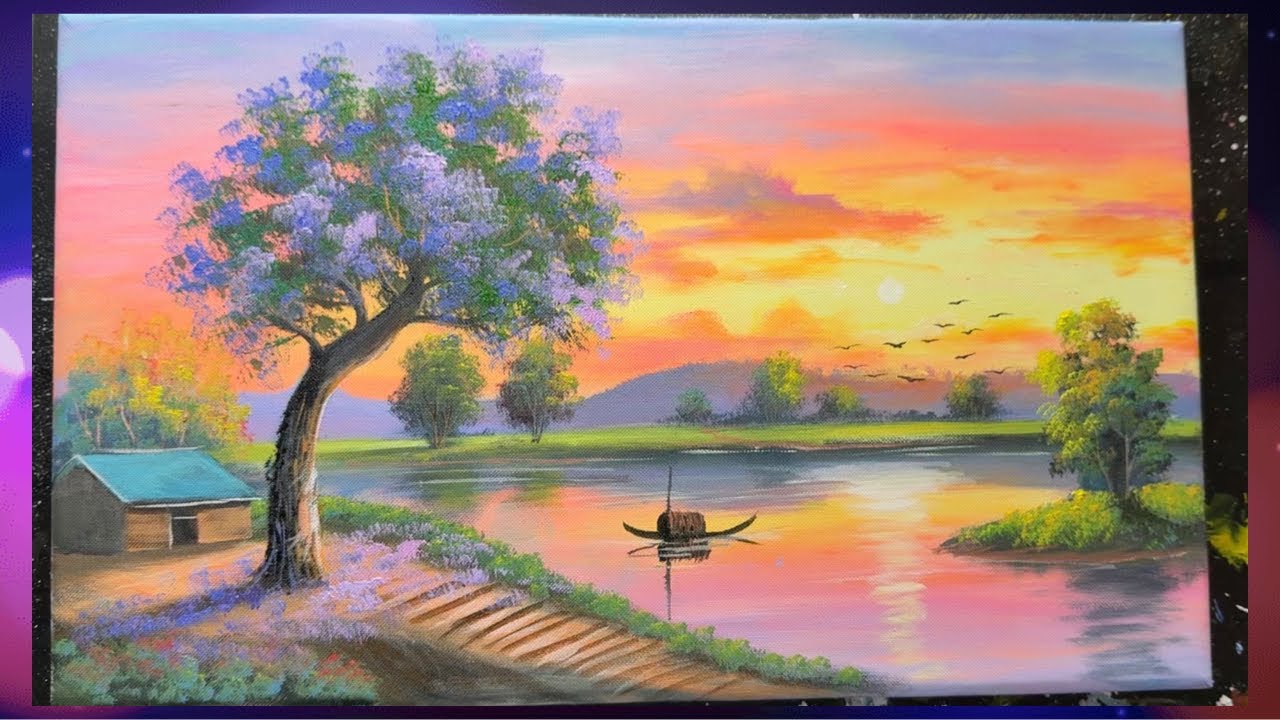 Easy Sunset River Reflection Painting | Purple Tree & Cozy House Acrylic Tutorial