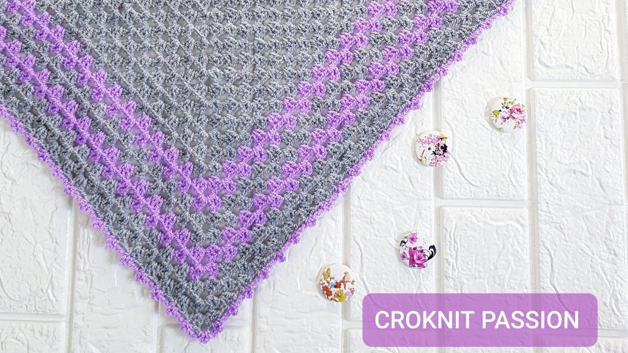 كروشيه شال مثلث سهل وبسيط تكرار سطرين  crochet triangle shawl