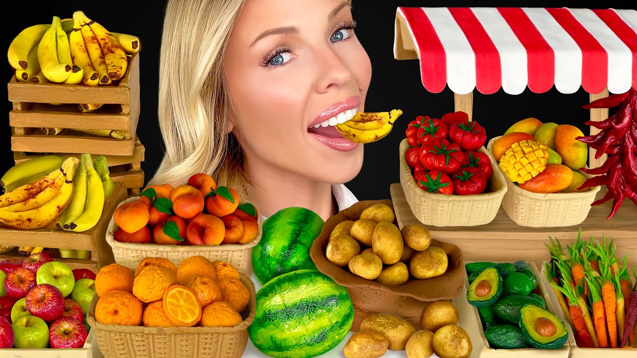 ASMR MUKBANG, Miniature Food, Tiny Fruits, Potatoes, Mango, Watermelon, Green Apples, Mini Market 먹방