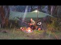 Camping - Rain, Hammock, Tarp, Campfire, Dog and Roast Chicken and Ribeye Steak