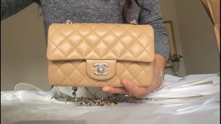 CHANEL Lambskin Quilted Mini Rectangular Flap Beige 146203