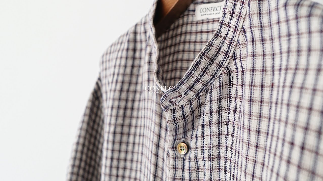 Experience CONFECT Clothes】リネンチェック7分袖バンドカラーシャツ