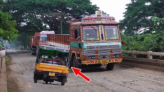 Bridge: Lorries are Crossing narrow Bridge in potholes 4K video