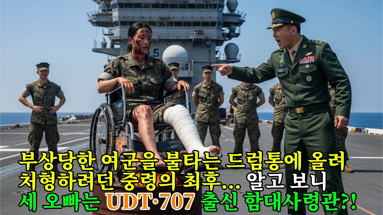 다리 부러진 여군을 불타는 드럼통에 올린 중령. 잠시 후, 육해공군 참모총장인 세 오빠가 헬기를 타고 나타나자 함대는 초토화되었다