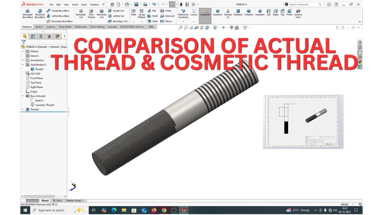 Thread Symbol Solidworks COMPARISON OF ACTUAL THREAD & COSMETIC THREAD IN SOLIDWORKS. - YouTube