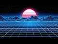 Synthwave Neon Blue Grid Floor Wireframe Mountains Pink Sun Seamless Motion Background Loop 4K 60FPS