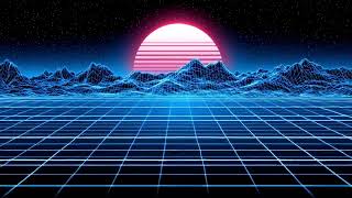 Synthwave Neon Blue Grid Floor Wireframe Mountains Pink Sun Seamless Motion Background Loop 4K 60FPS