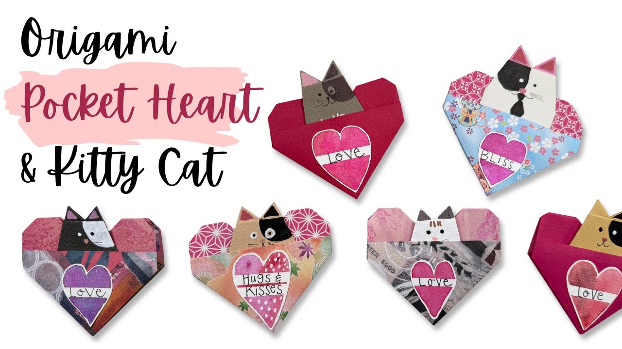 Карманчик в форме сердца из оригами с кошкой