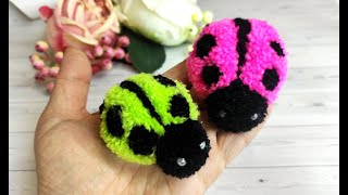 A  Ladybug Making of pompoms.  Ladybug made of Wool Yarn. DIY ideas from pompoms.
