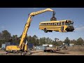 Extreme dangerous shredding a bus destroying car for metal recycling crushing everything machines