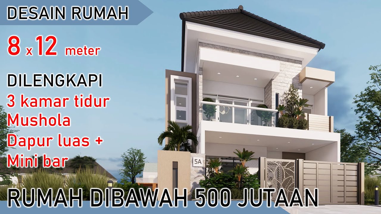 Desain Rumah 8x12 M 3 Kamar Tidur Fasilitas Mushola Dan Mini Bar