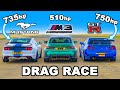 750hp Nissan Skyline R34 GT-R v 735hp Mustang v BMW M3: DRAG RACE