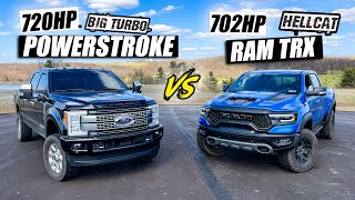 720hp 6.7 Powerstroke vs 700hp RAM TRX HELLCAT  CARNAGE BATTLE