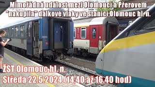 24.05.22 Mimořádná událost mezi Grygovem a Brodkem zahltila žst Olomouc hl. n. dálkovými vlaky.