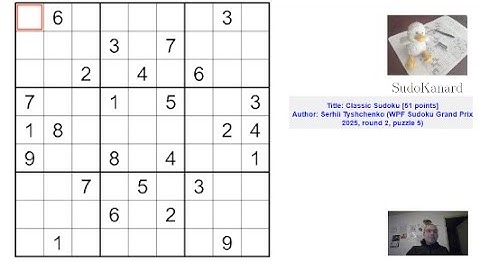 Sudoku classique, par Serhii Tyshchenko (WPF Sudoku Grand Prix 2025, round 2, puzzle 5)