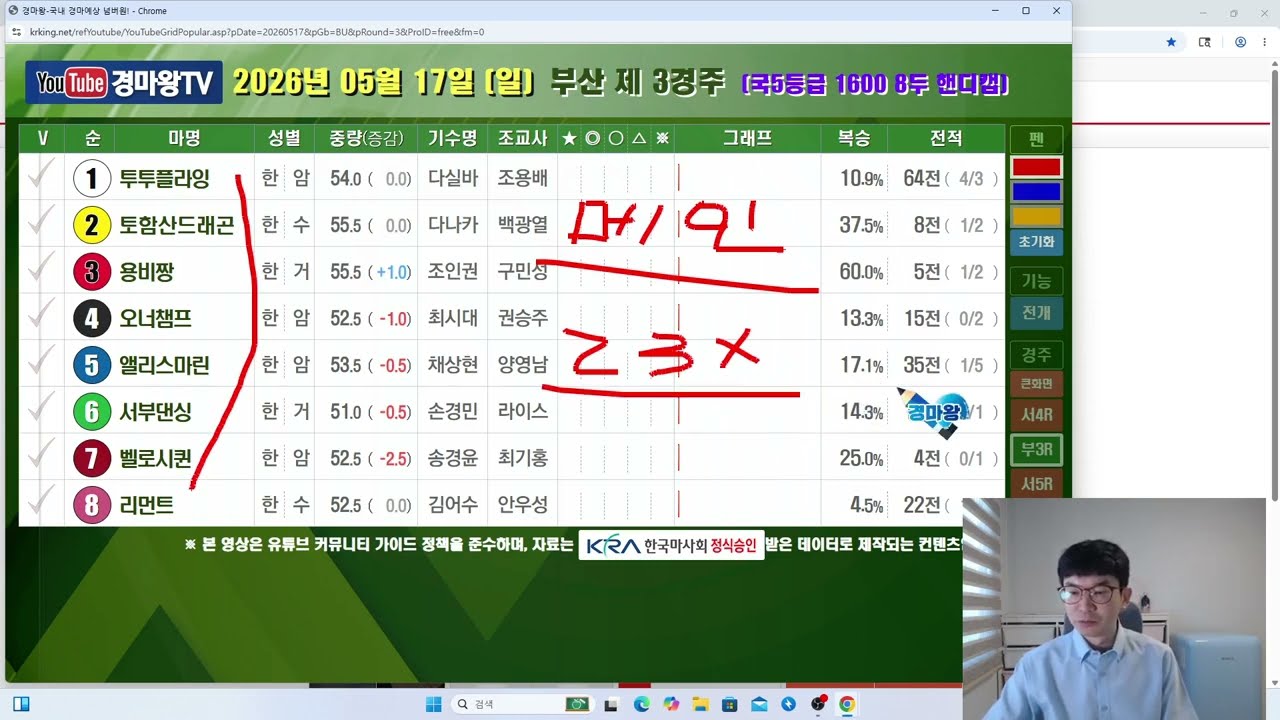 5월 17일 일요일 분석 방송 (서울마주협회장배/스포츠조선/대상경주쾅쾅쾅/강도올려때립니다/현장에서응원부탁드립니다)
