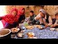 Family meal in a cave, How a big family lives with 10 children, village life Afghanistan