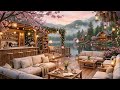 Spring Lakeside Terrace Café 🌸 Cozy Jazz with Cherry Blossom for Study, Work, Relax