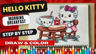Step by step Drawing and Coloring of Hello Kitty have a blissful morning breakfast screenshot 4