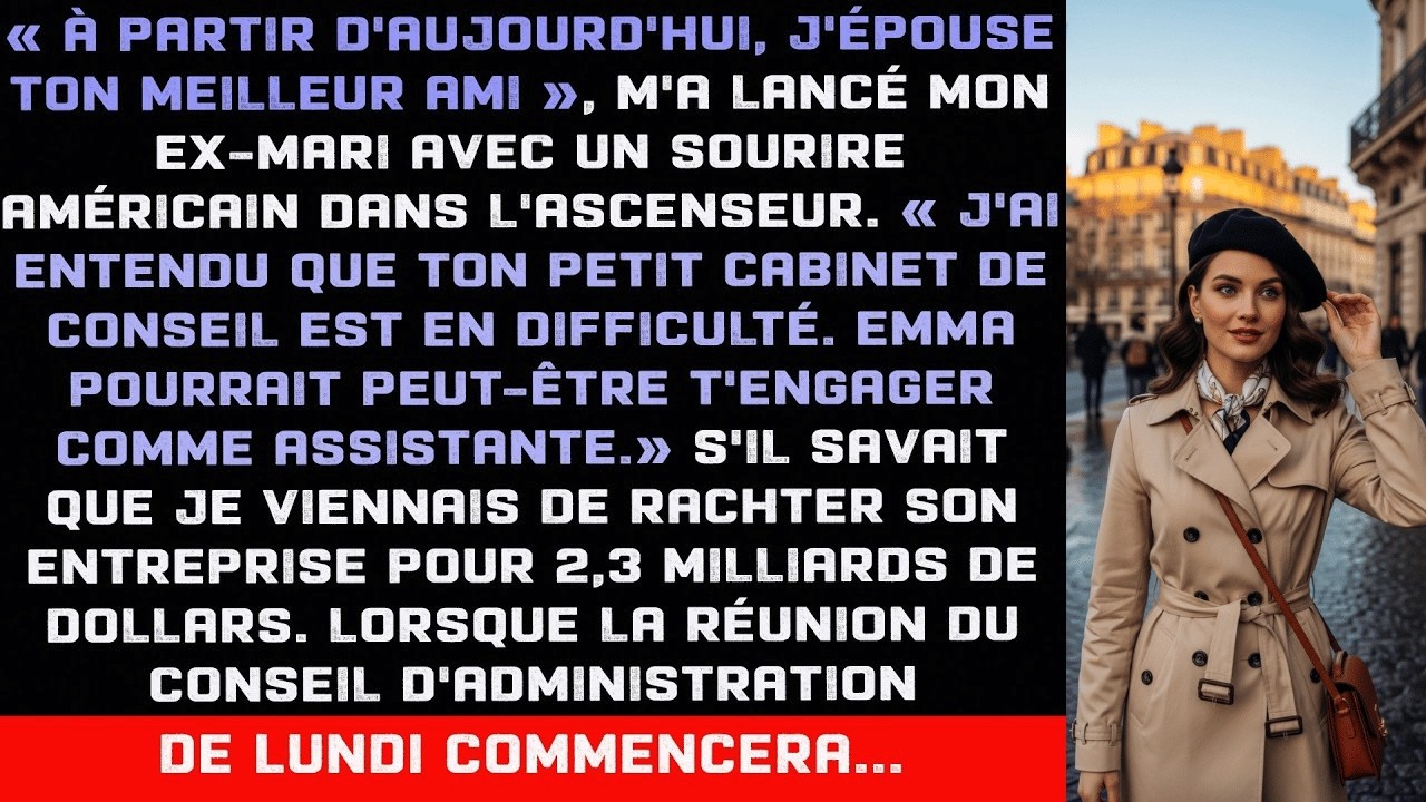 J'ai poussé la porte de la salle de réunion, et le silence est tombé d'un coup. David a blêmi. Emma a cessé de respirer. Deux ans que j'attendais ce moment, deux ans à préparer chaque détail dans...
