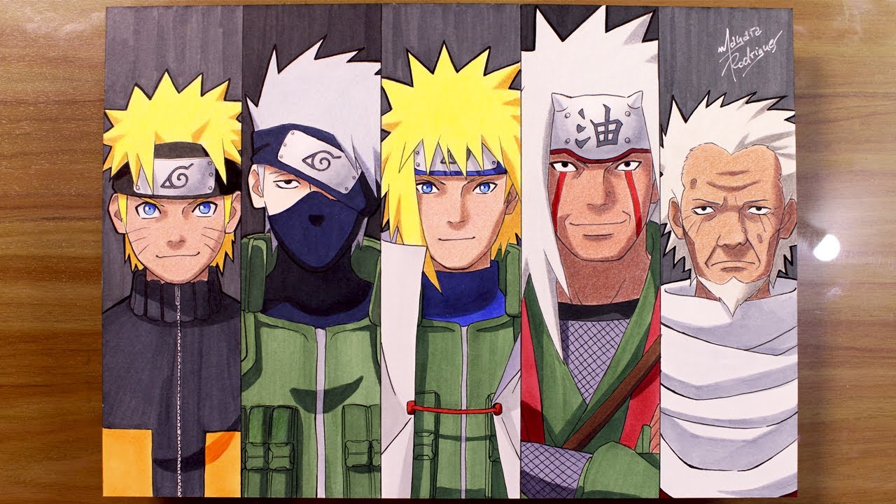 Drawing Naruto, Kakashi, Minato, Jiraiya and Hiruzen #NARUTUBRO 