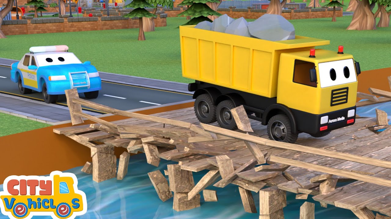 Tractor and crane truck help dump truck across the river and build wooden house--Excavator for Kids.