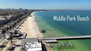 Middle Park Beach & Kerford Road Pier from the air, Middle Park, Victoria, Australia