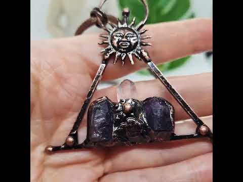 Вінтажний кулон "сонце" на вощеному шнурку натуральний аметист та гірський кришталь, видео 1