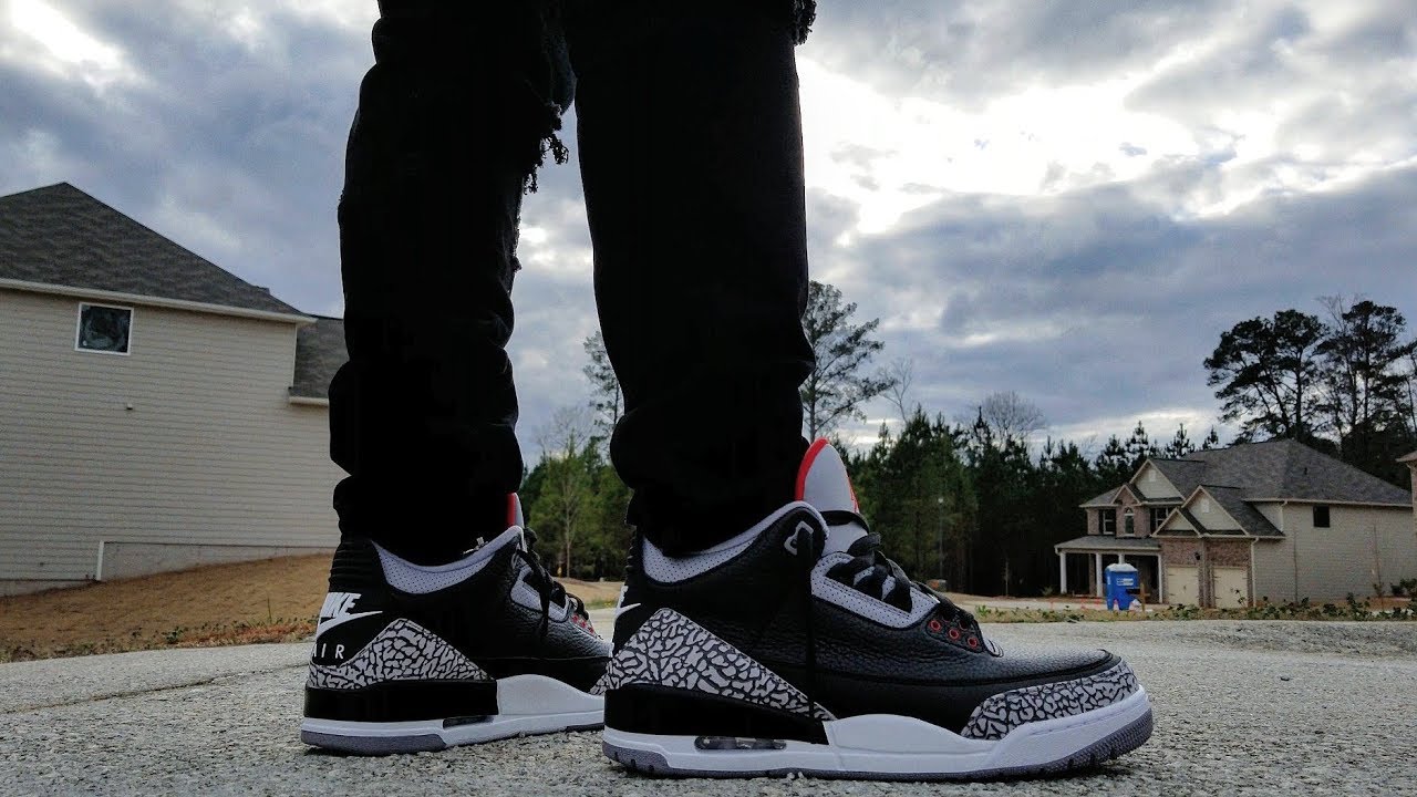 air jordan 3 black cement on feet