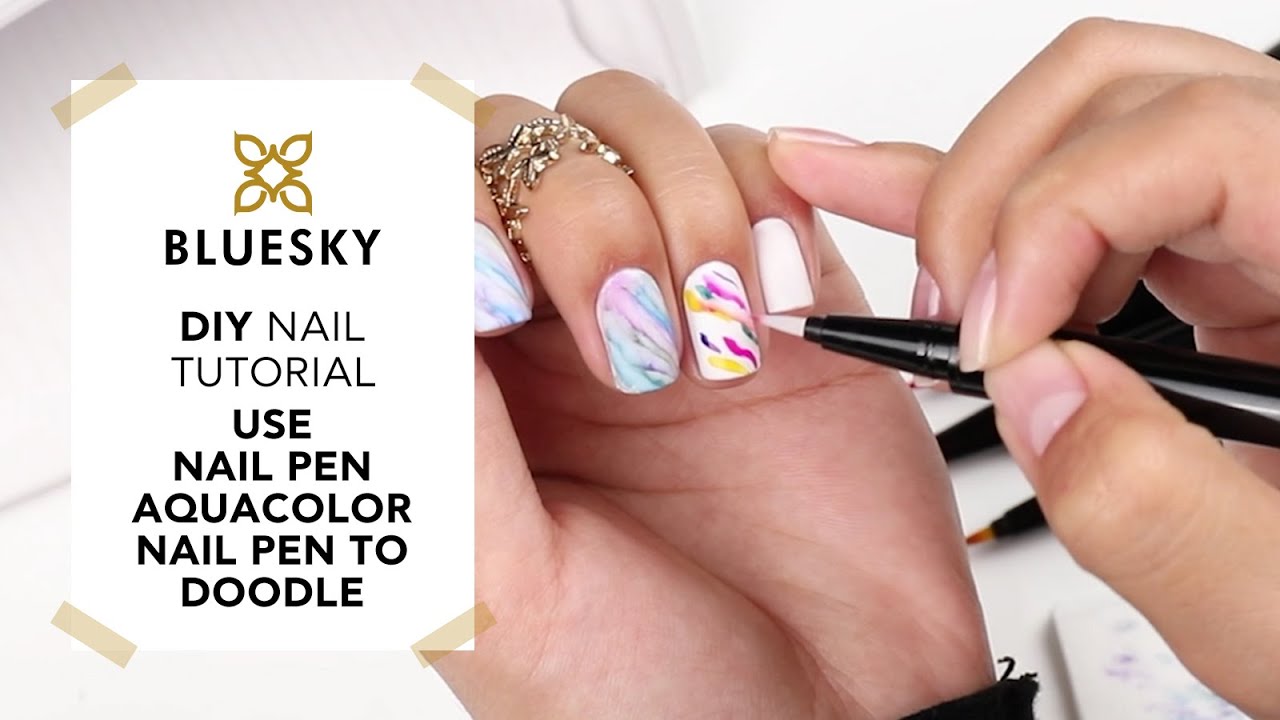 BLUESKY Nail Tutorial Use Aquacolor Nail Pen to Doodle - YouTube